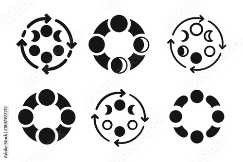 Moon Phase Logos. Moon phases. Icon set. Set Logo of moon phases: eight-phase arc around a central circle. harmonious logo variations of the same emblematic