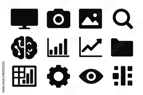 Digital Imaging Icons. Digital Imaging. Solid icon set of Digital Imaging: computer monitor, camera, photo, magnifying glass, AI brain, histogram, chart,