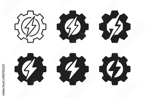 Efficient Mining Energy Logos. Efficient energy use in mining industries. Icon set. Set Logo of efficient energy use in mining industries: gear combined with
