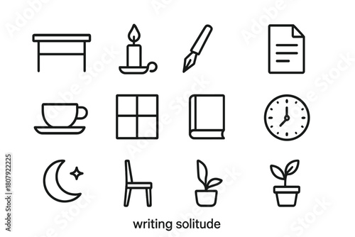 Writing Solitude Icons. Writing solitude. Line icon set of writing solitude: desk, candle, pen, paper, coffee cup, window, book, clock, night sky, moon, chair,