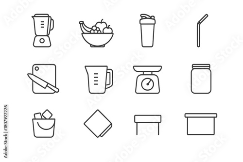 Smoothie Bar Icons. Smoothie bar essentials. Line icon set of smoothie bar essentials: blender, fruit bowl, shaker bottle, straw, cutting board, knife,