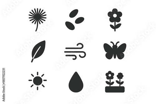 Flower Seeds Icon Set. Flower seeds. Solid icon set of Flower seeds: dandelion seed puff, seeds, stem, leaf, wind, butterfly, bee, sun, cloud, dew drop,