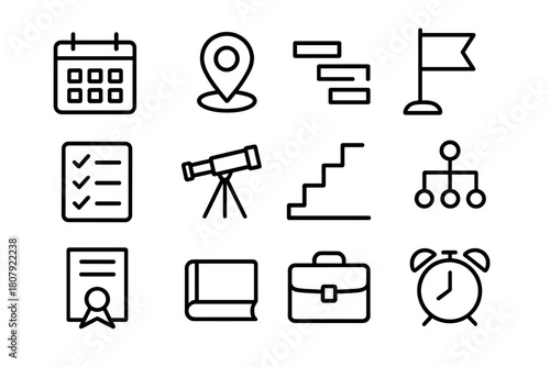 Career Planning Icons. Career planning roadmap. Line icon set of career planning roadmap: calendar, milestone pin, gantt chart bars, goal flag, checklist,