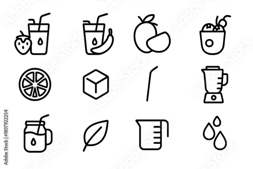 Fruit Smoothie Icons. Fruit smoothies. Line icon set of fruit smoothies: strawberry, banana, mango, blueberry, orange slice, ice cube, straw, blender, mason