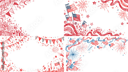 Festive patriotic corner illustrations with banners fireworks ribbons and flags in red and blue tones. Perfect for celebration themes national events holidays and creative layouts.