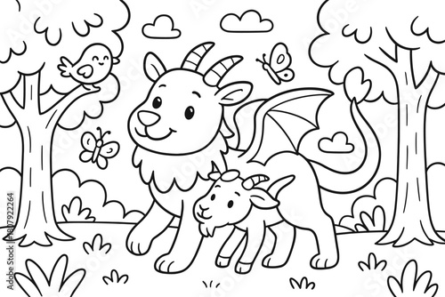 Cheerful Chimera Adventure. Friendly fantasy forest children?s coloring book illustration, outlined drawing, a cheerful chimera walking among trees with