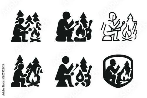Campfire Logo Variations. A person sitting by a campfire in the woods, roasting marshmallows and telling stories. Icon set. Set Logo of A person sitting by a