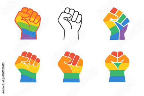 Rainbow Fist Icons. Pride. Icon set. Set Logo of pride: raised fist in rainbow gradient. harmonious logo variations of the same emblematic concept, each with