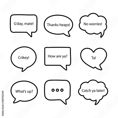 Australian Slang Speech Bubble Set. Icons with Informal Phrases for Cultural and Design Use. Ideal for comic-style graphics or communication-themed visuals that highlight informal Aussie expressions. 