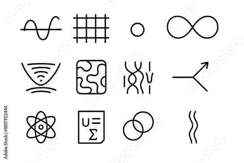 Quantum Cosmology Icons. Quantum cosmology. Line icon set of quantum cosmology: wave-particle duality, Planck scale grid, singularity dot, entanglement link,