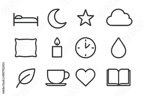 Rest and Recovery Icons. Rest and Recovery. Line icon set of Rest and Recovery: bed, moon, star, cloud, pillow, candle, clock, droplet, leaf, tea cup, heart,