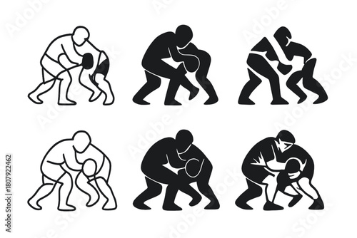 MMA Logo Variations. Mixed martial arts and combat sports. Icon set. Set Logo of mixed martial arts: human form in defensive stance. harmonious logo variations