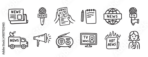 Set of hand drawn news media icons, TV journalism and press sketch style elements collection