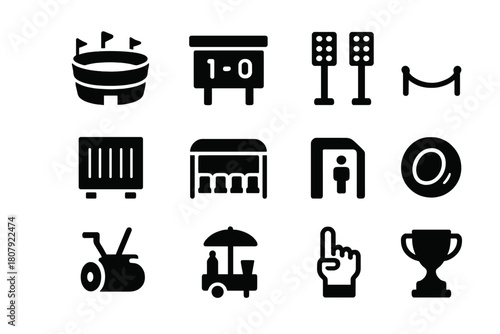 Stadium Icons Set. Stadium & Match Day. Solid icon set of Stadium & Match Day: pavilion, scoreboard, floodlights, boundary rope, sight screen, players bench,