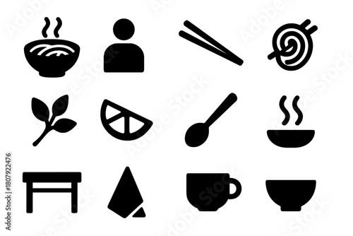 Vietnamese Cuisine Icons. Vietnamese Cuisine. Solid icon set of Vietnamese Cuisine: bowl of pho, person, chopsticks, noodles, herbs, lime wedge, spoon, steam,