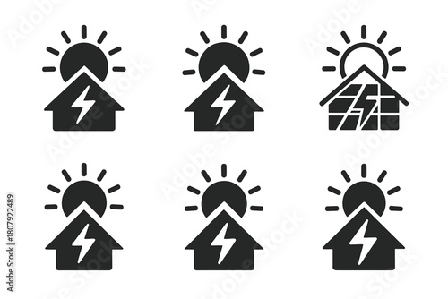 Solar Roofing Logos. Solar roofing systems. Icon set. Set Logo of solar roofing systems: roof ridge with integrated solar ventilator. harmonious logo