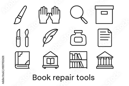 Book Restoration Icons. Book repair tools. Line icon set of Book repair tools: paintbrush, gloves, magnifying glass, archival box, restoration tools, feather
