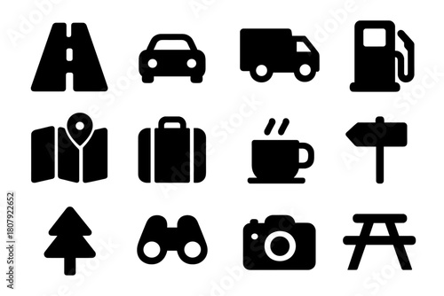 Highway Journey Icons. Highway journey. Solid icon set of Highway journey: road, car, truck, fuel station, map, suitcase, coffee cup, road sign,