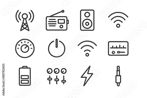 Radio Station Icons. Radio station. Line icon set of radio station: antenna, radio, speaker, tuning dial, volume knob, power button, signal waves, display