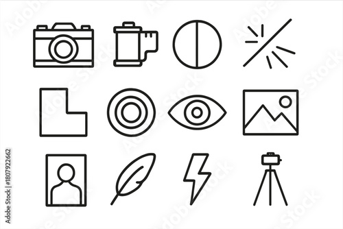 Black and White Icons. Black and White Photography. Line icon set of Black and White Photography: camera, lens, shutter, photo roll, light meter, portrait,