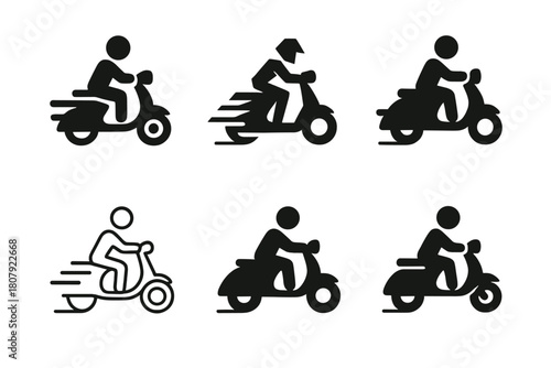 Scooter Logo Variations. Riding a scooter. Icon set. Set Logo of Riding a Scooter: scooter parked beside city street. harmonious logo variations of the same