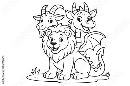 Friendly Chimera Coloring. Chimera children?s coloring book illustration, outlined drawing, a friendly mythical creature combining a lion, goat, and dragon