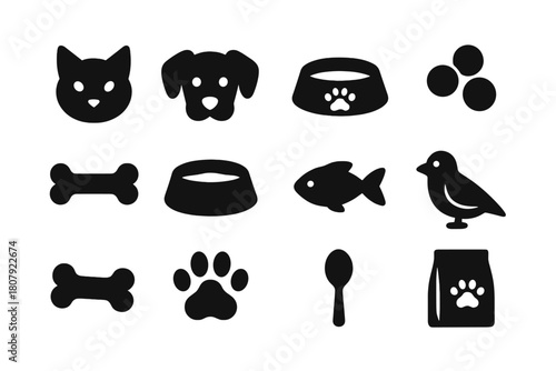 Pet Dining Icons. Pet dining. Solid icon set of Pet dining: cat, dog, food bowl, kibble, bone, water bowl, fish, bird, treat, paw print, spoon, pet food bag.