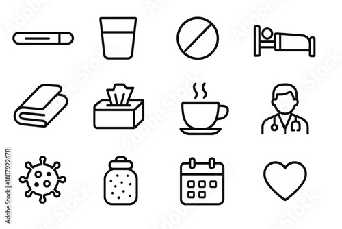 Fever Treatment Icons. Fever treatment. Line icon set of fever treatment: thermometer, water glass, medicine pill, rest in bed, blanket, tissue box, cold