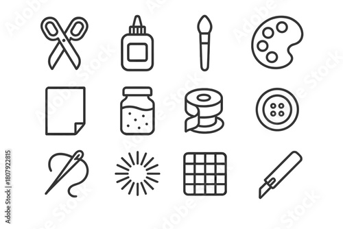 Craft Tools Icons. Craft workshops. Line icon set of craft workshops: scissors, glue, paper, yarn, knitting needles, needle, thread, sewing machine, ruler,