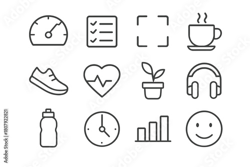 Productivity vs Wellbeing Icons. Productivity vs wellbeing. Line icon set of productivity vs wellbeing: speedometer, checkmark list, focus block, break cup,