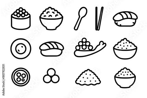 Culinary Icon Set. Culinary uses. Line icon set of culinary uses: sushi with roe, rice bowl, spoon, chopsticks, sushi roll, nigiri, salmon roe, flying fish