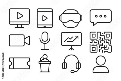 Virtual Marketing Icons. Virtual marketing. Line icon set of Virtual marketing: computer monitor, tablet, VR headset, chat bubble, video camera, microphone,
