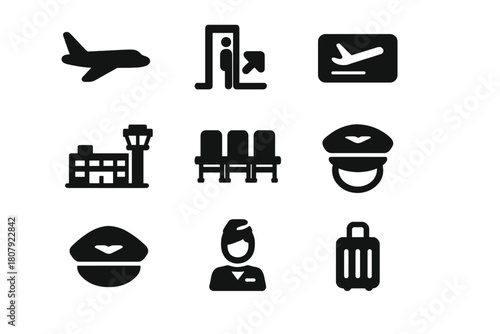 Commercial Aviation Icons. Commercial aviation. Solid icon set of Commercial aviation: passenger jet, boarding gate, flight ticket, airport terminal, seat row,