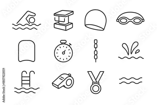 Freestyle Swim Icons. Freestyle swimming. Line icon set of freestyle swimming: swimmer, starting block, swim cap, goggles, kickboard, stopwatch, lane rope,
