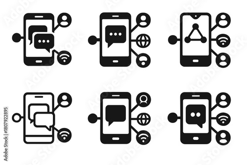 Digital Networking Icons. Social and digital networking. Icon set. Set Logo of social and digital networking: laptop with wireless signals linking user icons.