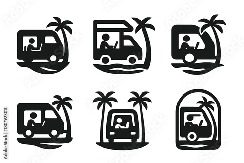 Tropical Freelancer Logos. Freelancer working from a tropical location. Icon set. Set Logo of Freelancer working from a tropical location: Laptop on a beach