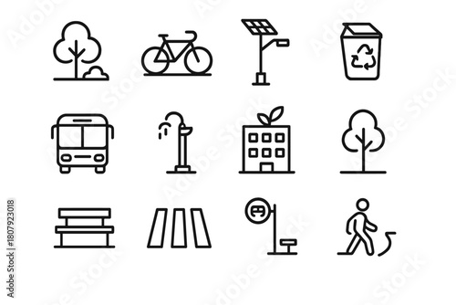 Urban Solutions Icons. Urban Solutions. Line icon set of Urban Solutions: park, bike lane, solar streetlight, recycling bin, public transport, water fountain,