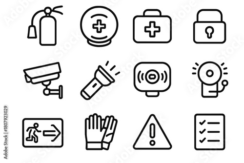 Home Safety Icons. Home safety tools. Line icon set of Home safety tools: smoke detector, fire extinguisher, first aid kit, lock, security camera, flashlight,
