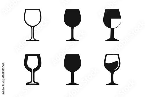 Wine Glass Icons. Alcohol. Icon set. Set Logo of alcohol: wine glass silhouette. harmonious logo variations of the same emblematic concept, each with different