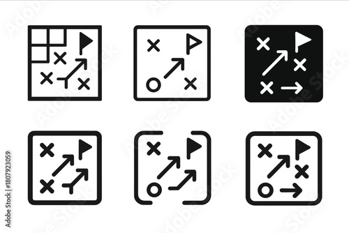 Strategic Game Icons. Engaging in a strategy game. Icon set. Set Logo of engaging in a strategy game: hex tile map with resource symbols. harmonious logo