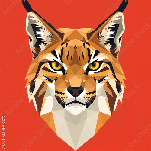 Geometric illustration of a lynx's face with a striking gaze against a red background