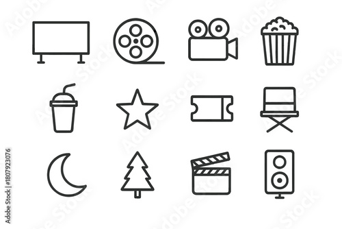 Film Festival Icons. Film Festival Outdoors. Line icon set of Film Festival Outdoors: screen, film reel, camera, popcorn, soda, star, ticket, chair, moon,