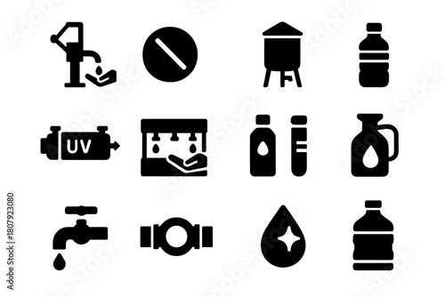 Clean Water Icons. Clean drinking water access. Solid icon set of Clean drinking water access: hand pump, water purification tablet, village water tank,