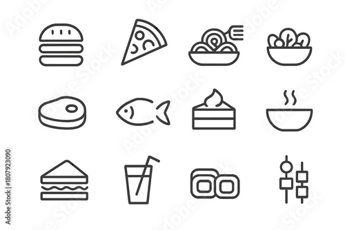 Restaurant Icon Grid. Restaurant menu. Line icon set of Restaurant menu: burger, pizza slice, pasta, salad, steak, fish, dessert, soup bowl, sandwich, drink,