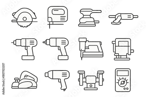 Power Tools Icons. Power tools. Line icon set of Power tools: circular saw, jigsaw, sander, angle grinder, electric drill, impact driver, nail gun, router,