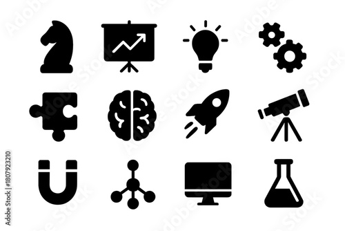 Strategic Change Icons. Strategic Change. Solid icon set of Strategic Change: chess knight, chart, light bulb, gears, puzzle piece, brain, rocket, telescope,