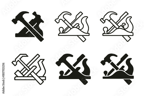 Carpentry Icon Variations. Craftsmanship and manual labor in the arts. Icon set. Set Logo of Carpentry: crossed hammer and wood plane. harmonious