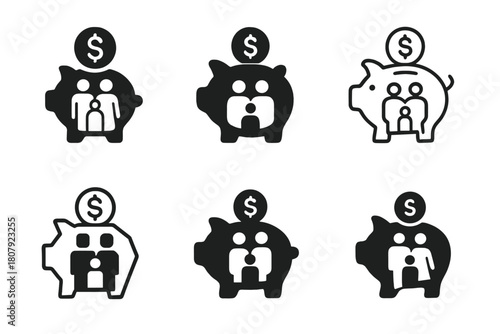 Family Budget Icons. Family budgeting. Icon set. Set Logo of family budgeting: interlocking home and coin symbols. harmonious logo variations of the same