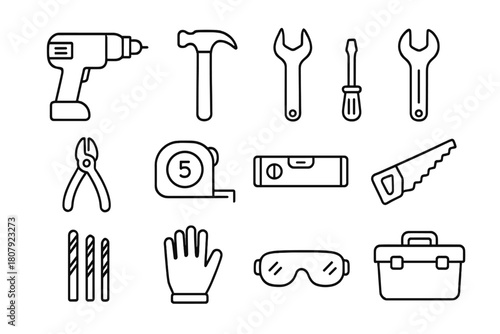 Tool Kit Icon Set. Tool kit essentials. Line icon set of Tool kit essentials: toolbox case, hammer, wrench, screwdriver, pliers, saw, drill, tape measure,