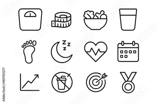 Weight Loss Icons. Weight loss motivation quotes. Line icon set of weight loss motivation quotes: scale, tape measure, salad bowl, water glass, steps icon,